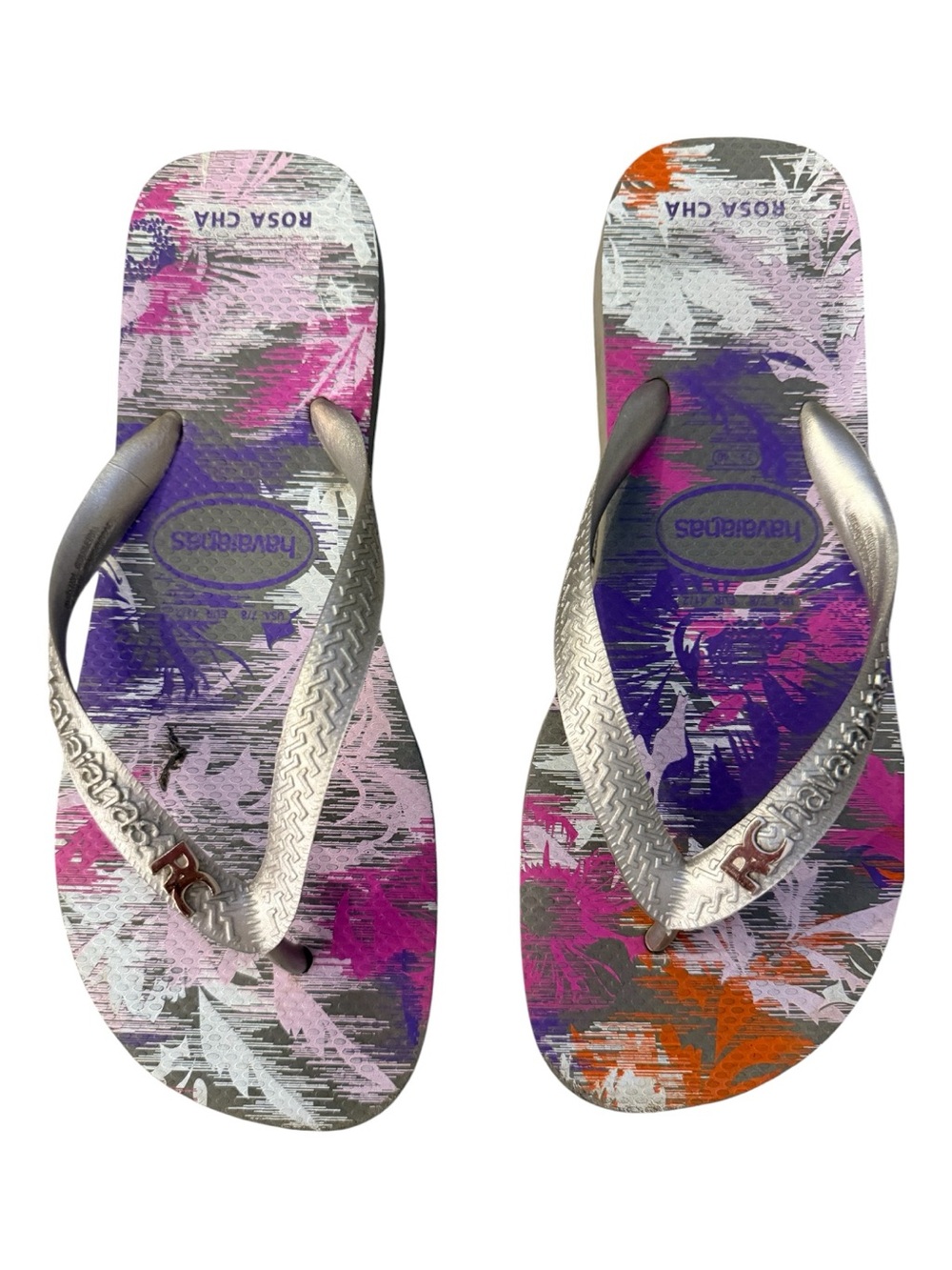 Havaianas Women's Metallic Strap Flip Flops floral colorful beach tropical 7/8